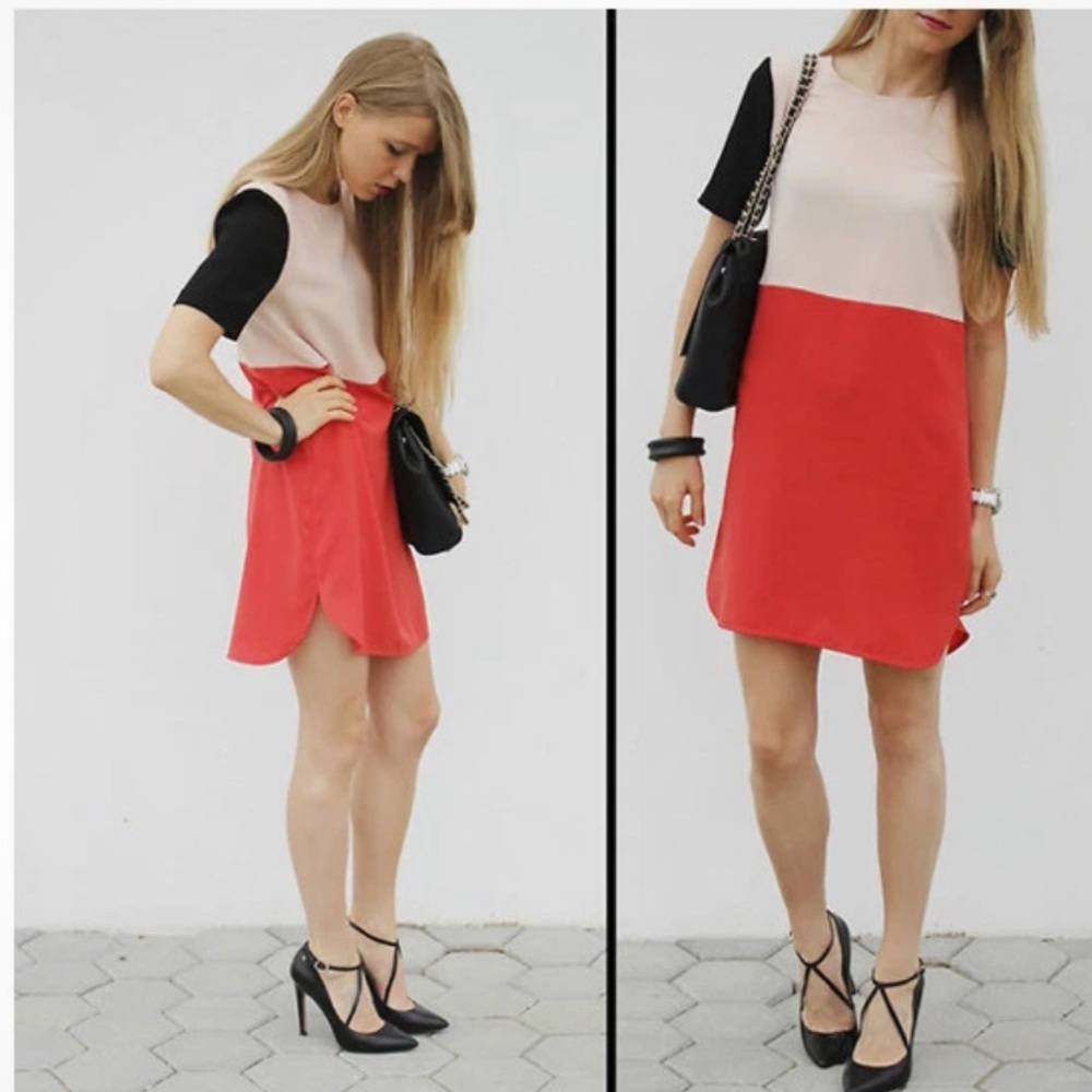 Zara Colorblock Shift Mini Dress Small Blush Pink Red Black Mod Short Sleeve - Picture 16 of 16